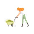 Girl pushing a wheelbarrow with seedlings, people working in the garden vector Illustration Royalty Free Stock Photo