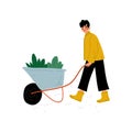 Girl Pushing Wheelbarrow with Seedlings, Young Woman Working in Garden or Farm Vector Illustration Royalty Free Stock Photo