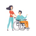 Girl pushing wheelchair with disabled man, girl supporting her friend, handicapped person enjoying full life vector