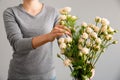 Girl put flowers in vase over gray background. Royalty Free Stock Photo
