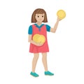 The girl puts coins. The child collects coins in hands. Vector isolated character on white background.
