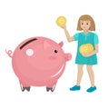 The girl puts coins in the piggy bank pig. Vector isolated characters on white background. Royalty Free Stock Photo