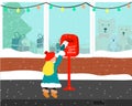 Girl puts a letter for Santa Claus in the mailbox. Vector greeting card Royalty Free Stock Photo