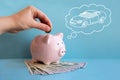 Girl is putting money into piggy bank with drawn car into think bubble. Royalty Free Stock Photo