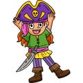 Girl Putting on Pirate Hat Cartoon Colored Clipart