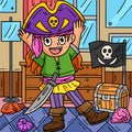 Girl Putting on a Pirate Hat Colored Cartoon