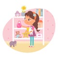 Girl putting toys from floor to shelves, helping with housework. Kid helps to clean bedroom vector illustration. From Royalty Free Stock Photo