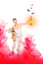 Girl in pyjamas holding lantern, teddy bear with pink cloud