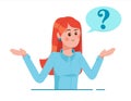 Girl with question mark in think bubble. Young troubled woman. People thinking or solving problem. Dilemma vector flat cartoon Royalty Free Stock Photo