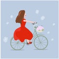 girl on rad dress with bicycle