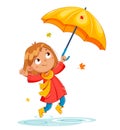 Girl in rad raincoat, rainy autumn