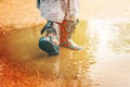 Girl in rain boots is standing in a puddle Royalty Free Stock Photo