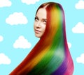 Girl with the rainbow hair against the sky. Woman model with a long haircut. Creative hairstyle Royalty Free Stock Photo