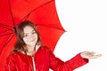 Girl in raincoat holding umbrella over white Royalty Free Stock Photo