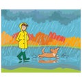 A girl in a raincoat and rain boots walks a dog in the rain in autumn city park vector illustration