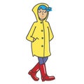 A girl in a raincoat and rain boots walks. Raining vector illustration