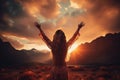 The girl raised her hands to the sun against the backdrop of the mountains. Healthy lifestyle, travel concept