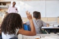 Girl raising hand to answer in an elementary school class Royalty Free Stock Photo