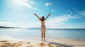 A girl is raising hands and jumping in front of the beach with clear sky in lovely dress. Generative AI