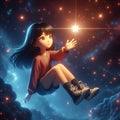 Girl reaches out to bright star in cosmic setting