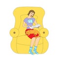 Girl reading a book in an armchair with her cat. Vector illustration Royalty Free Stock Photo