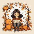 A girl reading a book in autumn scenery. Favorite hobby concept. Ai generative