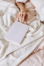 Girl reading book bed morning weekend alone Royalty Free Stock Photo