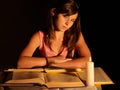Girl reading book with candle. Royalty Free Stock Photo