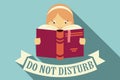 Girl reading a book, do not disturb sign, imagination and education concept