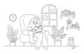 Girl reading book doodle illustration including young woman sitting in cozy armchair next to cat and plants. Hand drawn