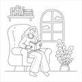 Girl reading book doodle illustration including young woman sitting in cozy armchair next to plants. Hand drawn cute