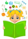 Girl reading a book with education related icons flying out. Imagination concept