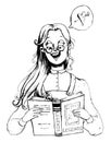 Girl reading a book excited and thinking about love. Funny cartoon character.