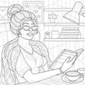 Girl reading a book at home.Coloring book antistress for children and adults.