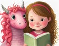 Girl reading a book with a pink dino friend, white background. Fantasy illustration for children\'s book. Generative AI