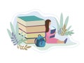 The girl is reading a book, self-education. The schoolgirl sits leaning against a large stack of books. Flat