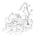 Girl reading a book sitting on the bench in autumn park. Freehand drawing Royalty Free Stock Photo