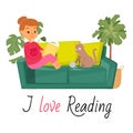 Girl reading book on sofa and cat home pet vector illustration. Kitten plays with threads ball and caucasian girl reads Royalty Free Stock Photo