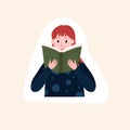 Girl is reading book. Sticker of studying Student. Female reader with novel. Woman hold book. Distance learning and self Royalty Free Stock Photo