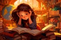 A girl reading a book surrounded by stacks of books. depicting the struggle of a dyslexic child during the study. Royalty Free Stock Photo