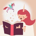 Girl reading book with unicorn flying out question vector graphics