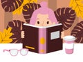 Girl reading book, vector illustration. Smart child alone holding large open book at table with glasses and cup of