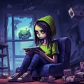 Girl reading a magic book in a dark room. Royalty Free Stock Photo