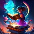 Girl reading a magic book. Fairy tale. 3D illustration. AI Generated Royalty Free Stock Photo