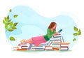 Girl reading, relax on stacks of books in spring background. Love read concept design. Beautiful green summer nature