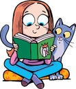 Girl reads a book with cat