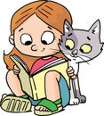 Girl reads a picture book and a cat