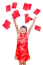 Girl receive red packet money from above