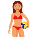 Girl in a red bathing suit and a ball in his hand Royalty Free Stock Photo