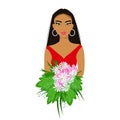 Girl in red with a bouquet of flowers in her hands, pretty afro woman with makeup, beautiful female avatar, vector